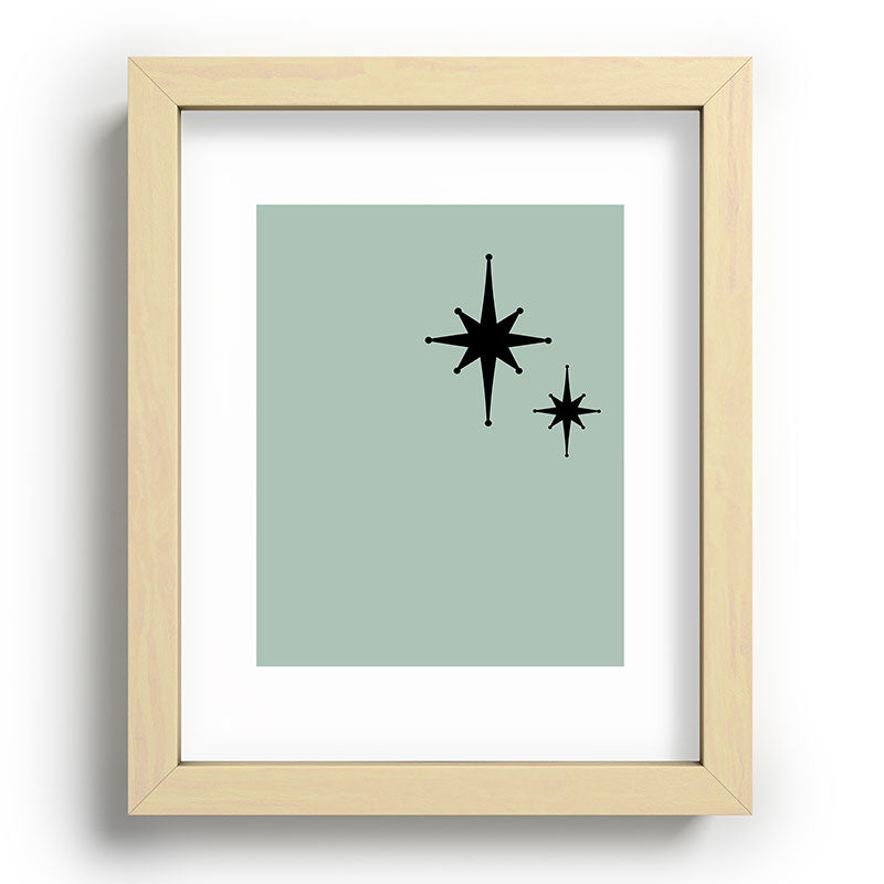 1950s Atomic Age Minimalist Starburst Pair in Black and 50s Celadon Teal Solid Framed Art Print