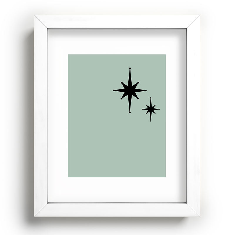 1950s Atomic Age Minimalist Starburst Pair in Black and 50s Celadon Teal Solid Framed Art Print