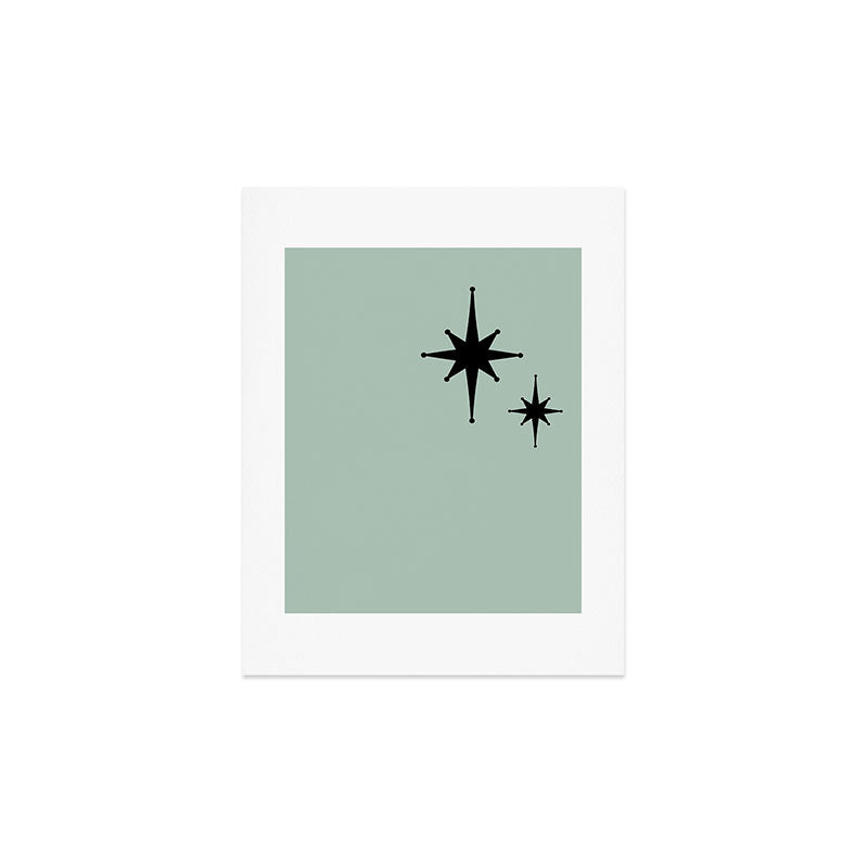 1950s Atomic Age Minimalist Starburst Pair in Black and 50s Celadon Teal Solid Art Print