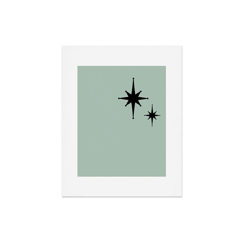 1950s Atomic Age Minimalist Starburst Pair in Black and 50s Celadon Teal Solid Art Print