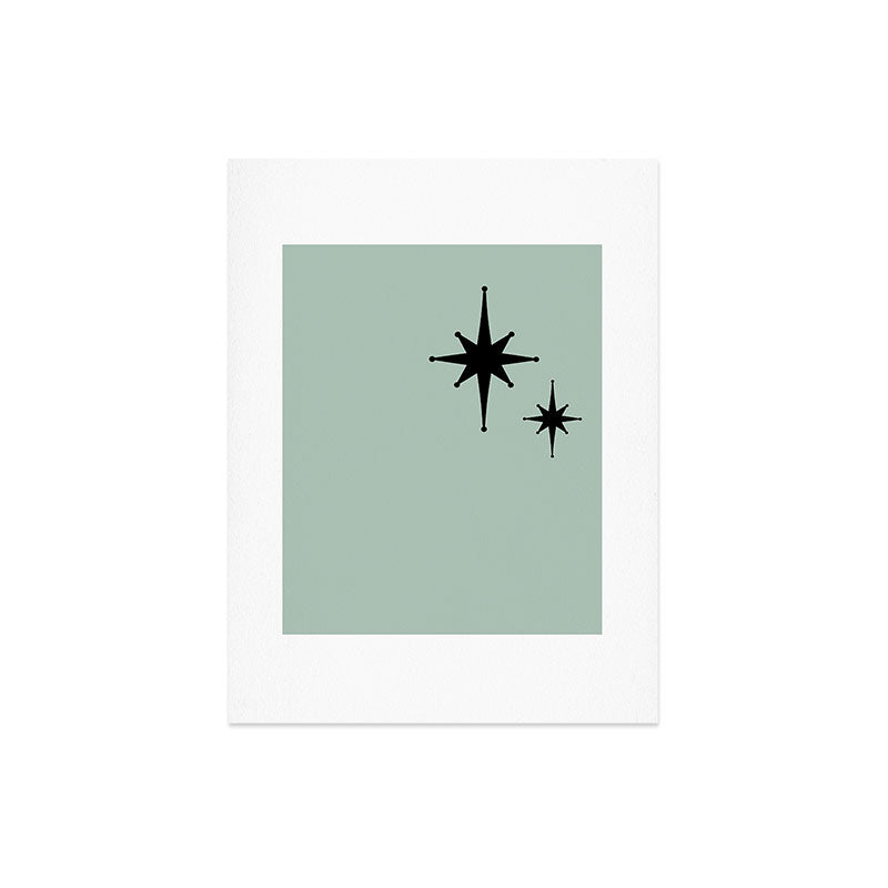 1950s Atomic Age Minimalist Starburst Pair in Black and 50s Celadon Teal Solid Art Print