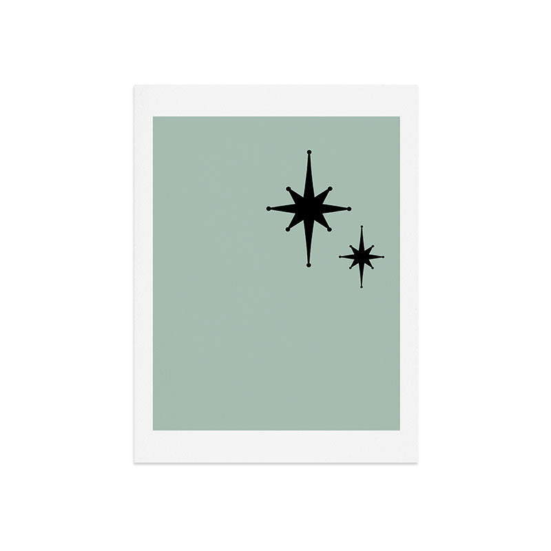 1950s Atomic Age Minimalist Starburst Pair in Black and 50s Celadon Teal Solid Art Print