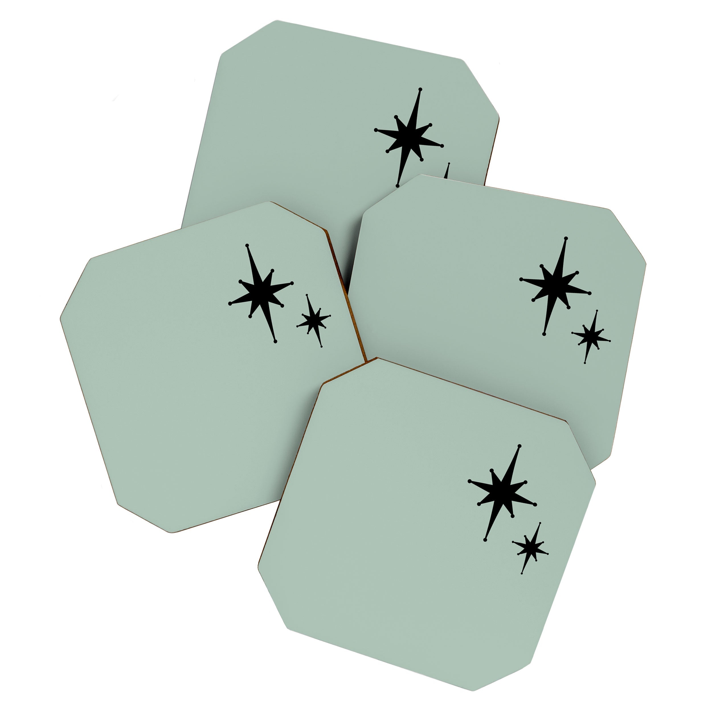 1950s Atomic Age Minimalist Starburst Pair in Black and 50s Celadon Teal Solid Coaster