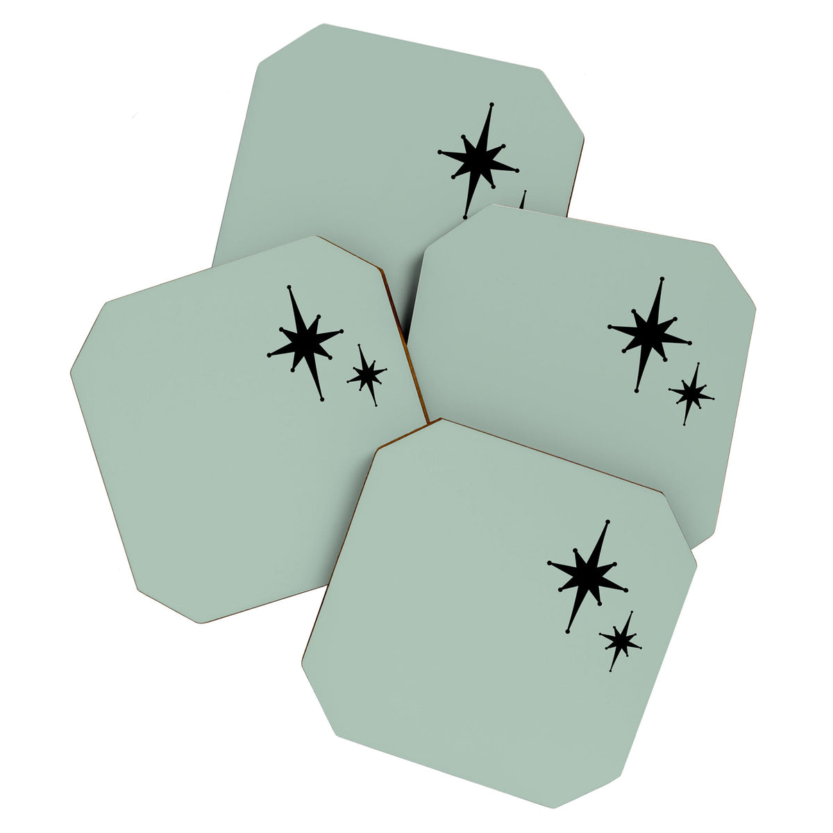 1950s Atomic Age Minimalist Starburst Pair in Black and 50s Celadon Teal Solid Coaster