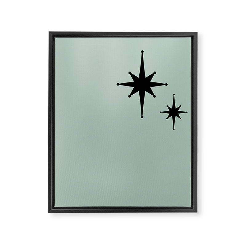 1950s Atomic Age Minimalist Starburst Pair in Black and 50s Celadon Teal Solid Framed Canvas Print