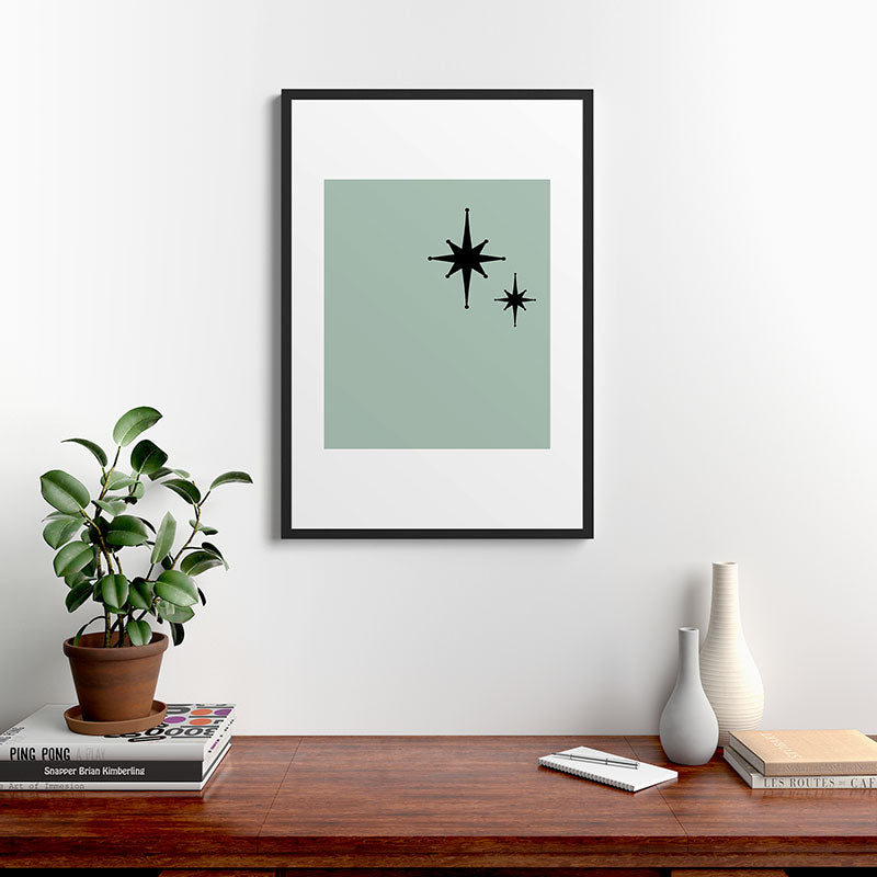 1950s Atomic Age Minimalist Starburst Pair in Black and 50s Celadon Teal Solid Framed Art Print