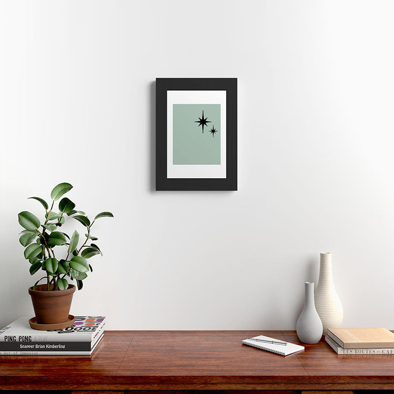 1950s Atomic Age Minimalist Starburst Pair in Black and 50s Celadon Teal Solid Framed Art Print