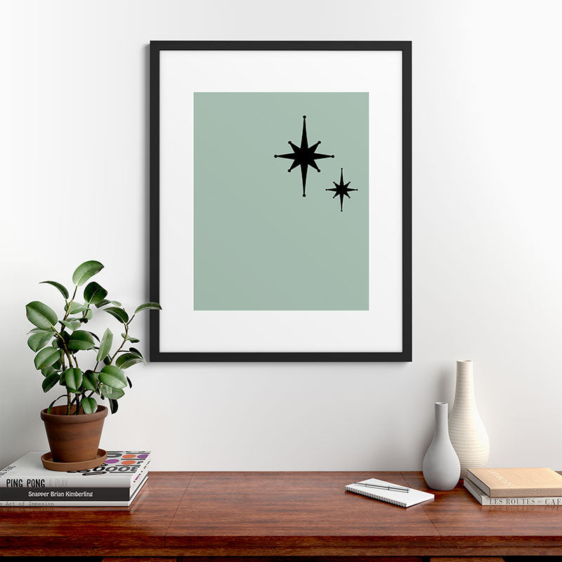 1950s Atomic Age Minimalist Starburst Pair in Black and 50s Celadon Teal Solid Framed Art Print