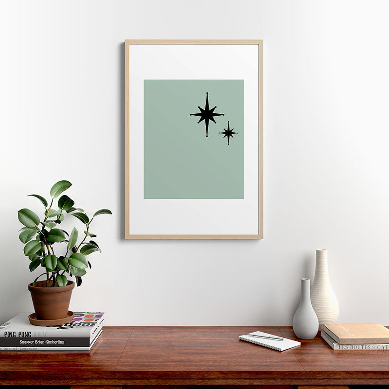 1950s Atomic Age Minimalist Starburst Pair in Black and 50s Celadon Teal Solid Framed Art Print