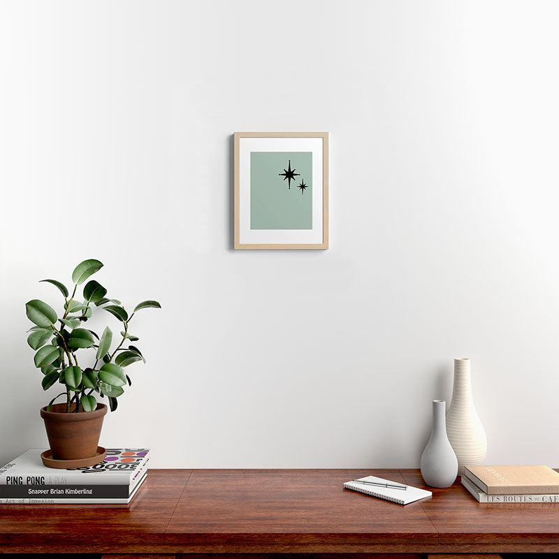 1950s Atomic Age Minimalist Starburst Pair in Black and 50s Celadon Teal Solid Framed Art Print