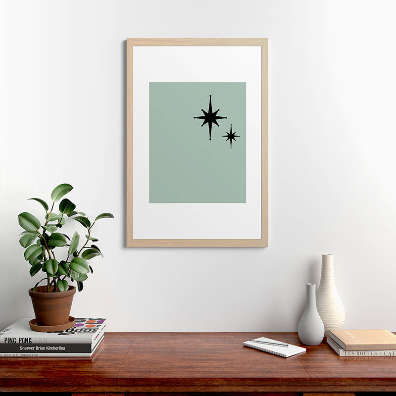 1950s Atomic Age Minimalist Starburst Pair in Black and 50s Celadon Teal Solid Framed Art Print
