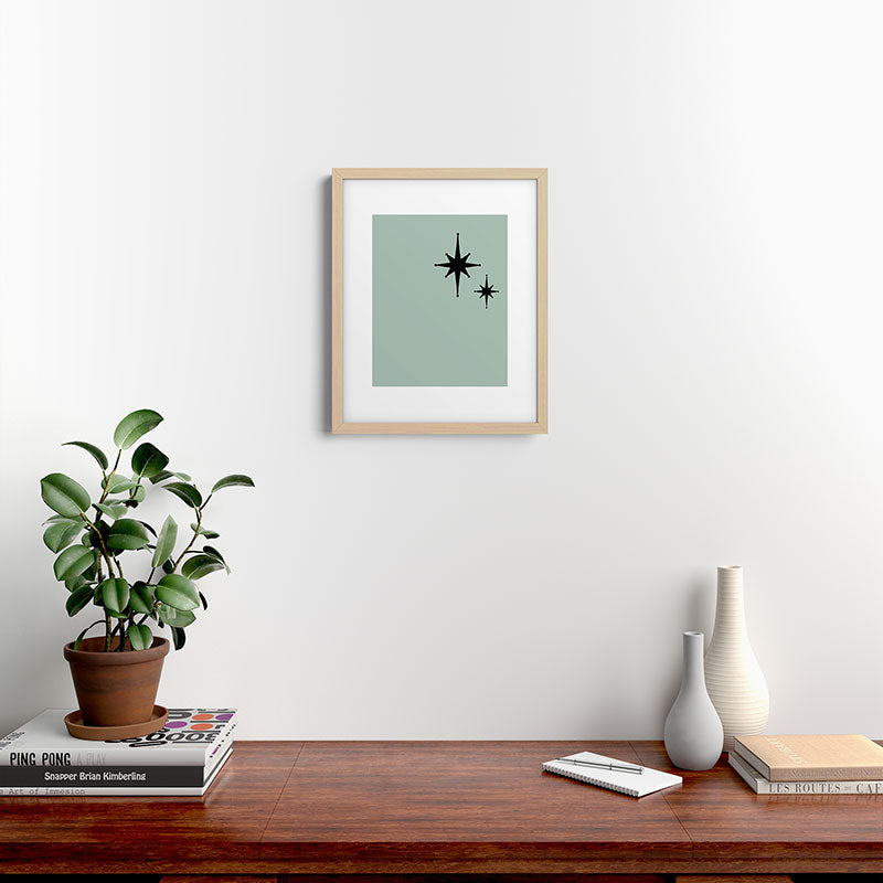 1950s Atomic Age Minimalist Starburst Pair in Black and 50s Celadon Teal Solid Framed Art Print