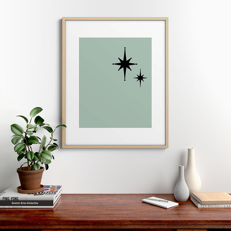 1950s Atomic Age Minimalist Starburst Pair in Black and 50s Celadon Teal Solid Framed Art Print