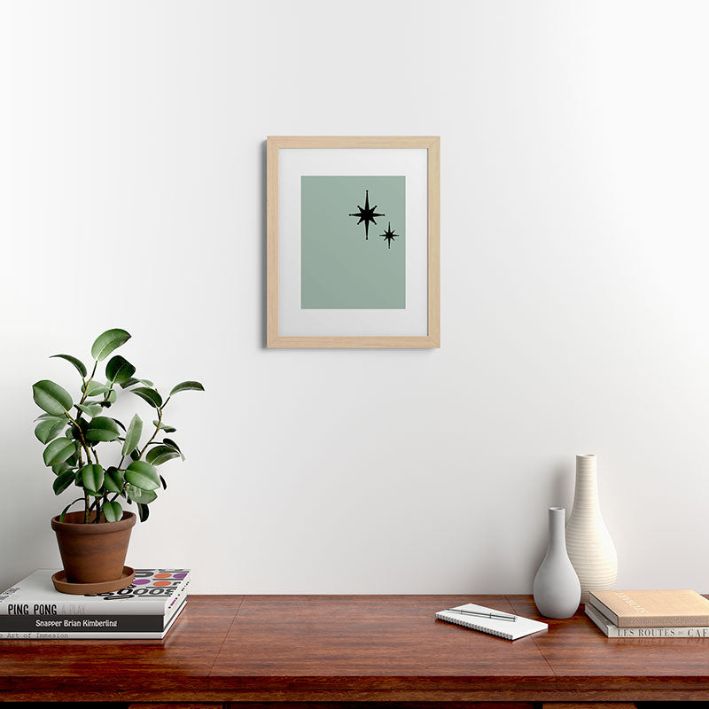 1950s Atomic Age Minimalist Starburst Pair in Black and 50s Celadon Teal Solid Framed Art Print