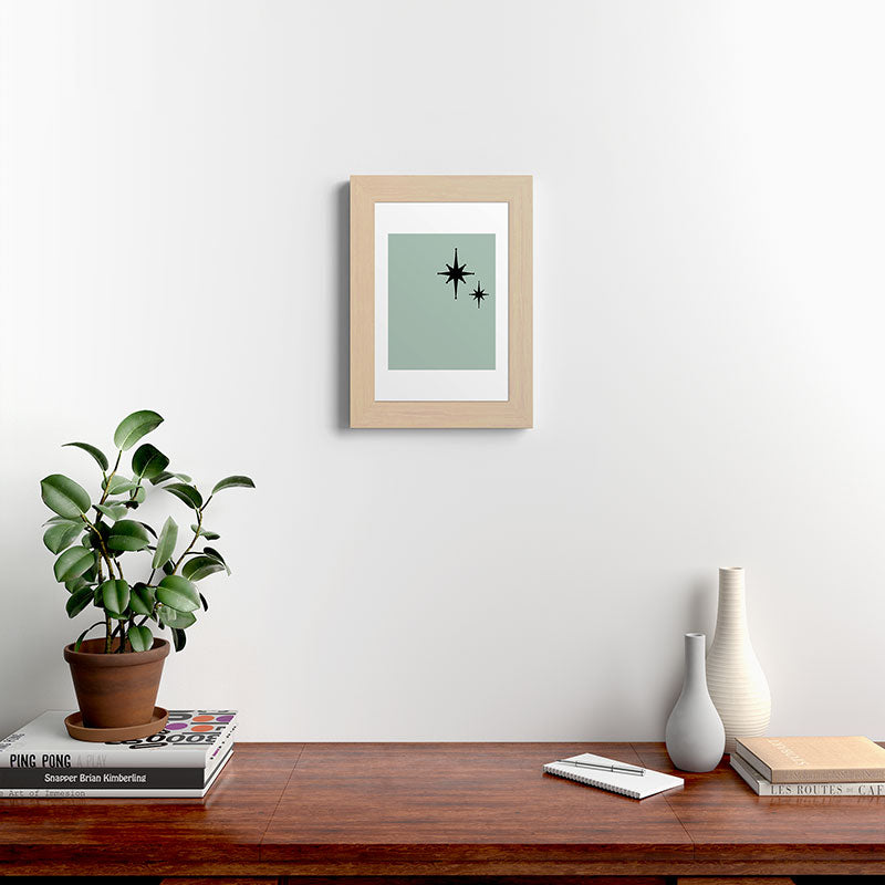 1950s Atomic Age Minimalist Starburst Pair in Black and 50s Celadon Teal Solid Framed Art Print