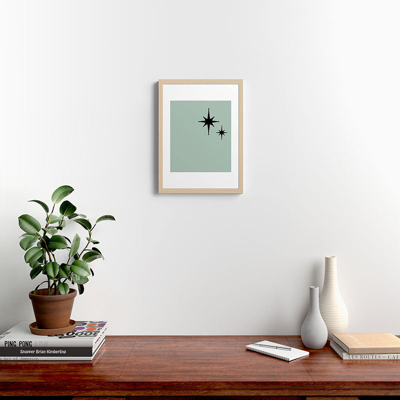 1950s Atomic Age Minimalist Starburst Pair in Black and 50s Celadon Teal Solid Framed Art Print