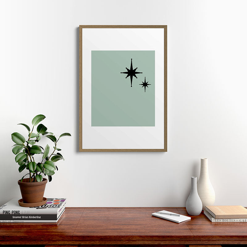 1950s Atomic Age Minimalist Starburst Pair in Black and 50s Celadon Teal Solid Framed Art Print