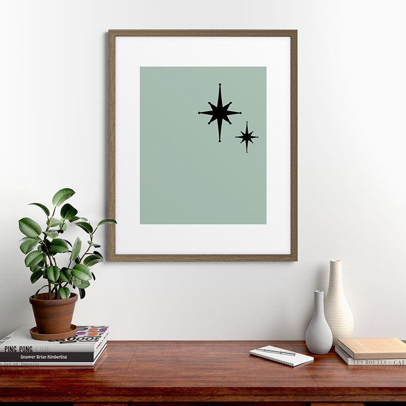 1950s Atomic Age Minimalist Starburst Pair in Black and 50s Celadon Teal Solid Framed Art Print