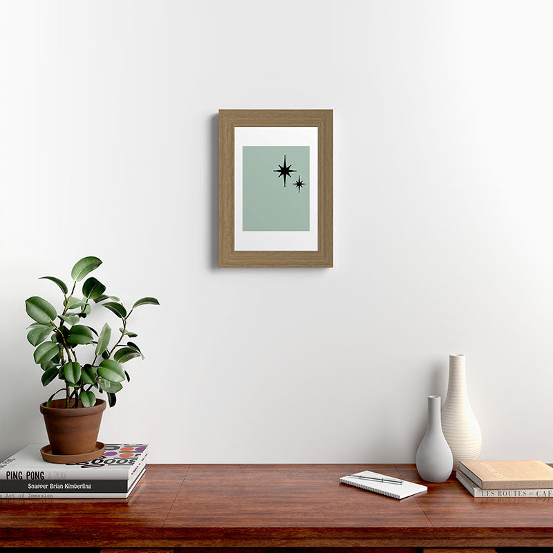 1950s Atomic Age Minimalist Starburst Pair in Black and 50s Celadon Teal Solid Framed Art Print
