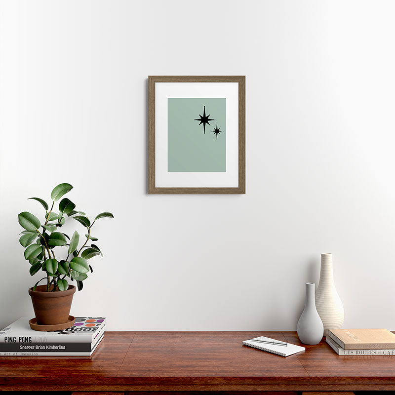 1950s Atomic Age Minimalist Starburst Pair in Black and 50s Celadon Teal Solid Framed Art Print