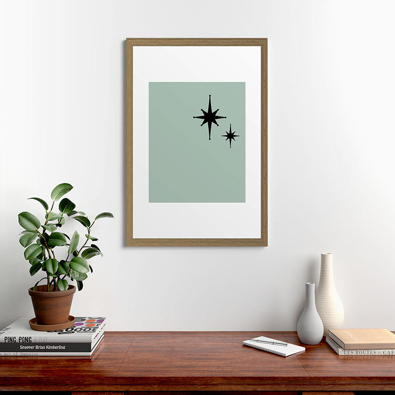 1950s Atomic Age Minimalist Starburst Pair in Black and 50s Celadon Teal Solid Framed Art Print