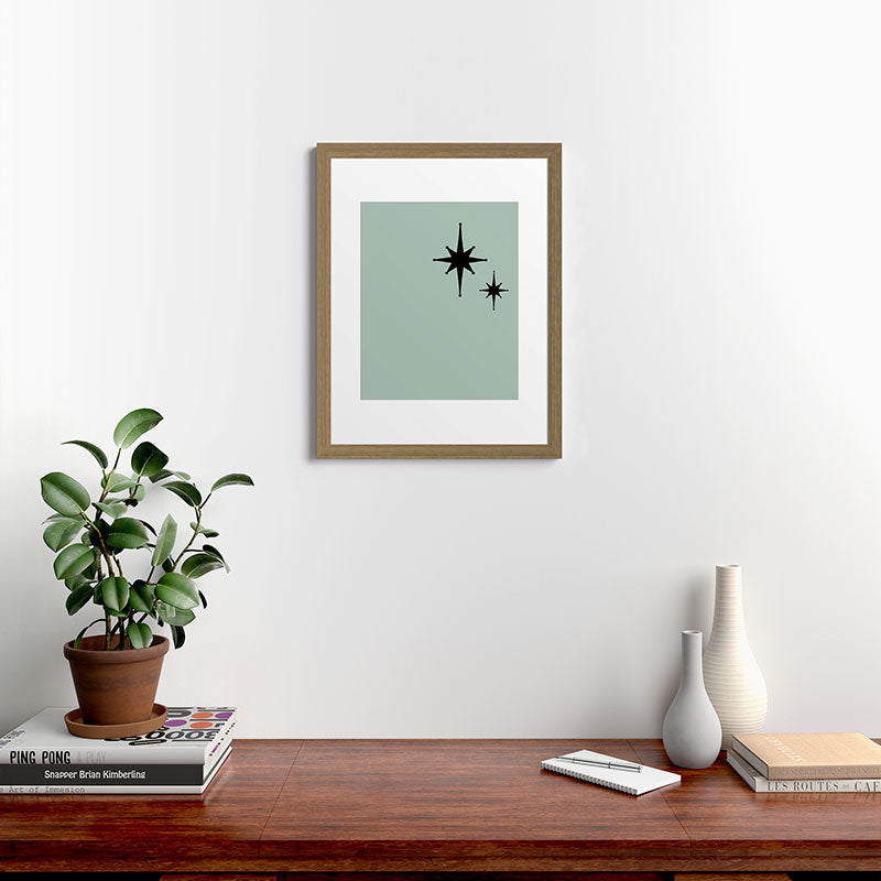 1950s Atomic Age Minimalist Starburst Pair in Black and 50s Celadon Teal Solid Framed Art Print