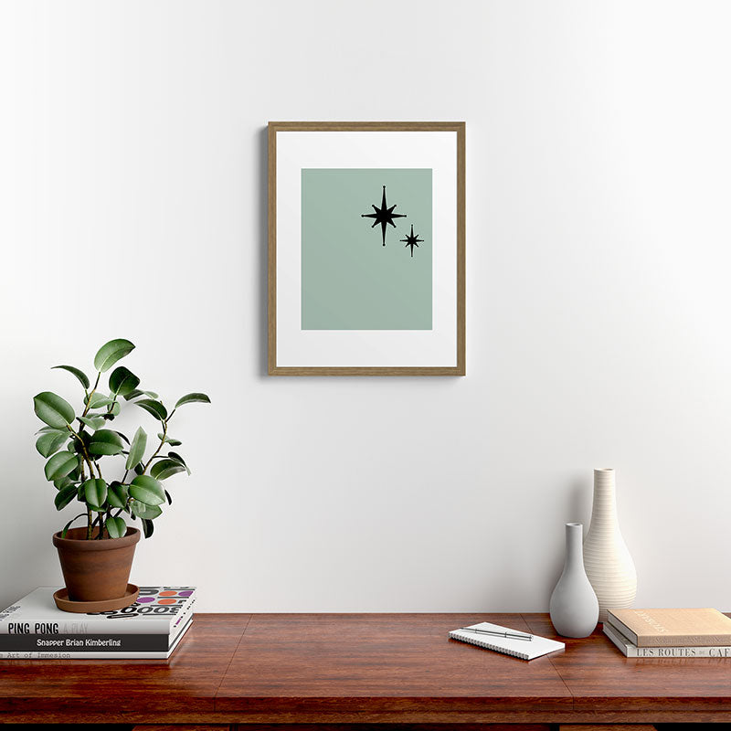 1950s Atomic Age Minimalist Starburst Pair in Black and 50s Celadon Teal Solid Framed Art Print