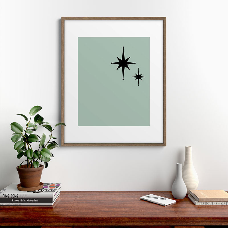 1950s Atomic Age Minimalist Starburst Pair in Black and 50s Celadon Teal Solid Framed Art Print