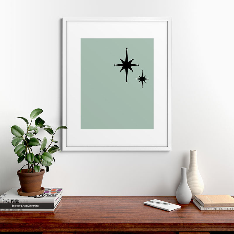 1950s Atomic Age Minimalist Starburst Pair in Black and 50s Celadon Teal Solid Framed Art Print