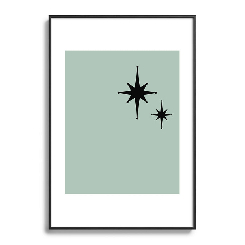 1950s Atomic Age Minimalist Starburst Pair in Black and 50s Celadon Teal Solid Framed Art Print