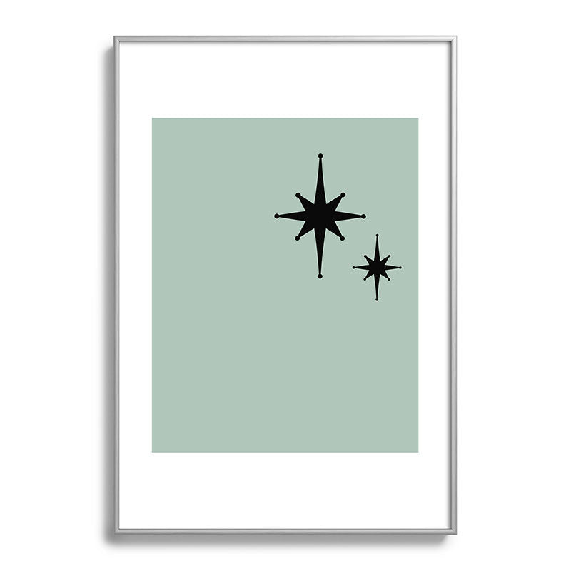 1950s Atomic Age Minimalist Starburst Pair in Black and 50s Celadon Teal Solid Framed Art Print