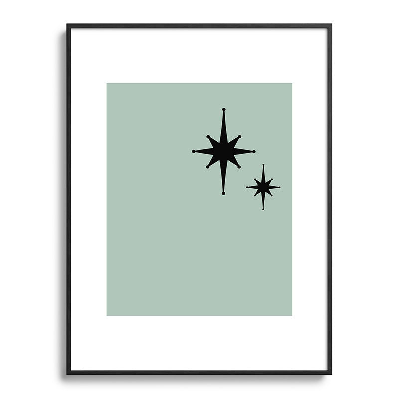 1950s Atomic Age Minimalist Starburst Pair in Black and 50s Celadon Teal Solid Framed Art Print