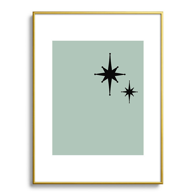 1950s Atomic Age Minimalist Starburst Pair in Black and 50s Celadon Teal Solid Framed Art Print