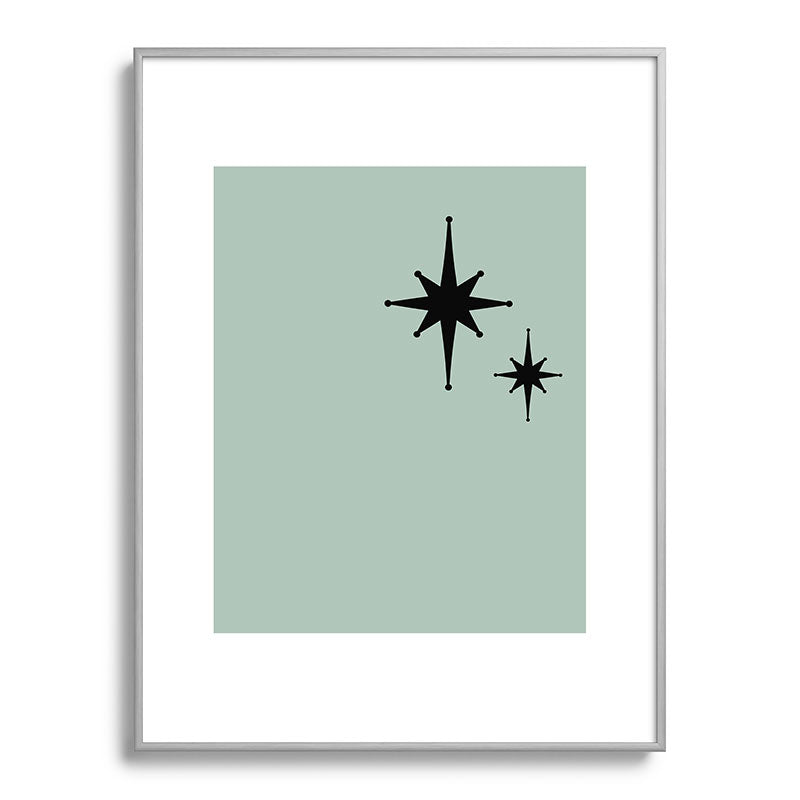 1950s Atomic Age Minimalist Starburst Pair in Black and 50s Celadon Teal Solid Framed Art Print