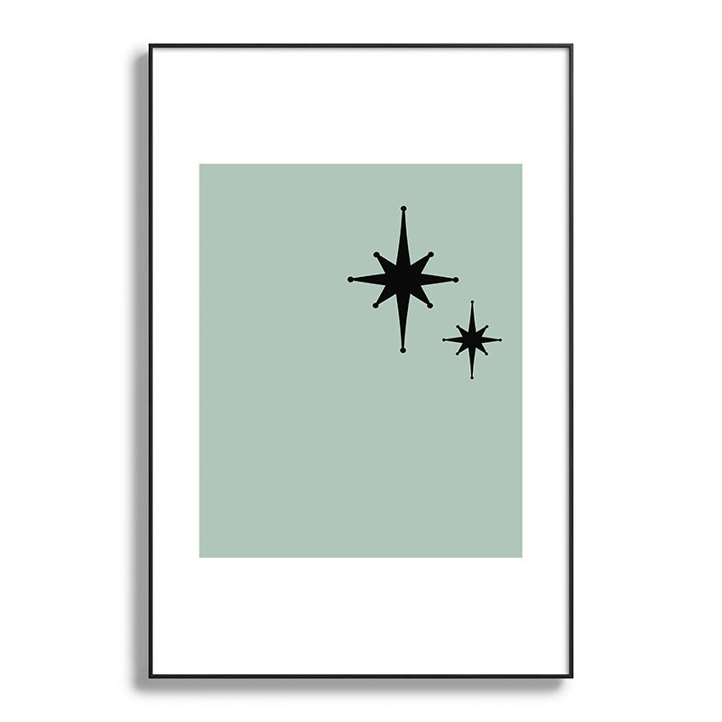 1950s Atomic Age Minimalist Starburst Pair in Black and 50s Celadon Teal Solid Framed Art Print