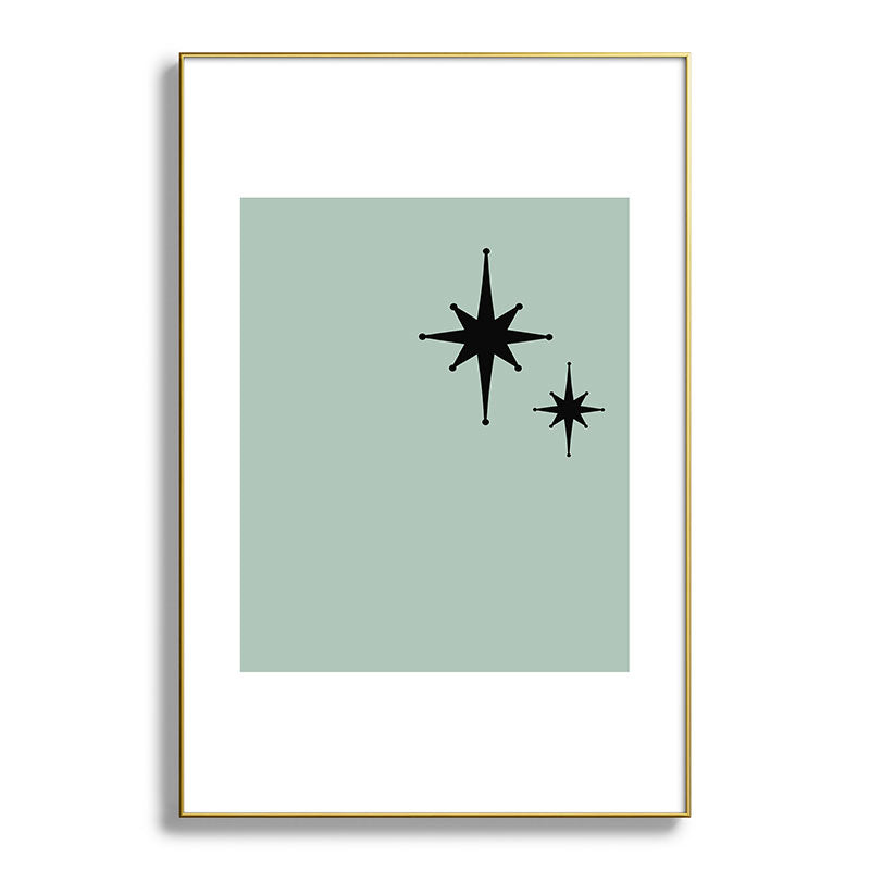 1950s Atomic Age Minimalist Starburst Pair in Black and 50s Celadon Teal Solid Framed Art Print