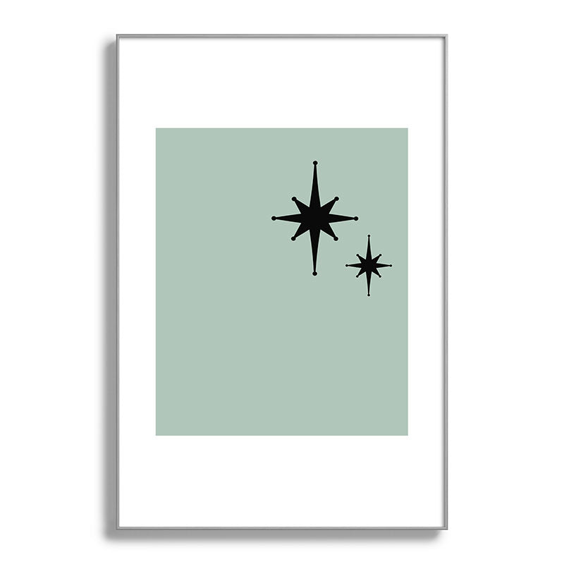 1950s Atomic Age Minimalist Starburst Pair in Black and 50s Celadon Teal Solid Framed Art Print