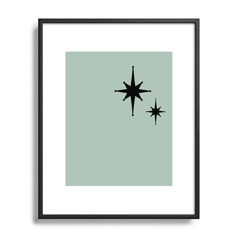 1950s Atomic Age Minimalist Starburst Pair in Black and 50s Celadon Teal Solid Framed Art Print