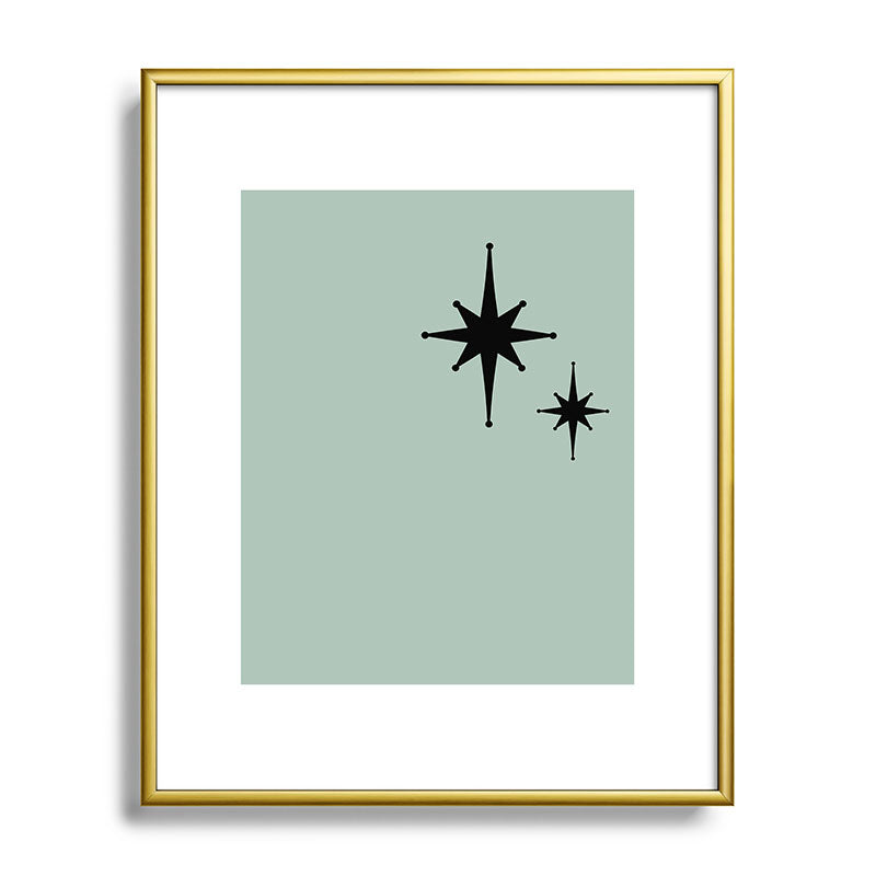 1950s Atomic Age Minimalist Starburst Pair in Black and 50s Celadon Teal Solid Framed Art Print