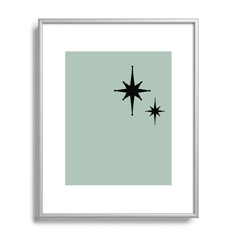 1950s Atomic Age Minimalist Starburst Pair in Black and 50s Celadon Teal Solid Framed Art Print