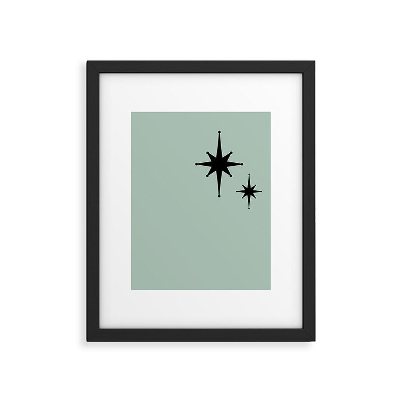 1950s Atomic Age Minimalist Starburst Pair in Black and 50s Celadon Teal Solid Framed Art Print