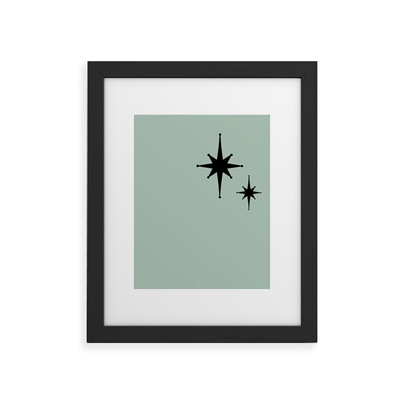 1950s Atomic Age Minimalist Starburst Pair in Black and 50s Celadon Teal Solid Framed Art Print