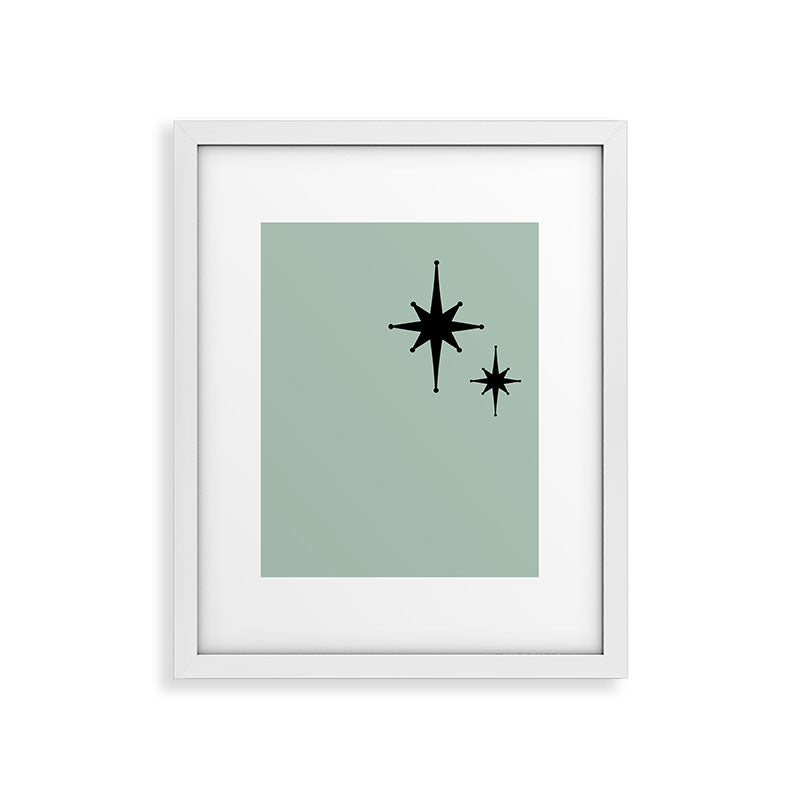 1950s Atomic Age Minimalist Starburst Pair in Black and 50s Celadon Teal Solid Framed Art Print
