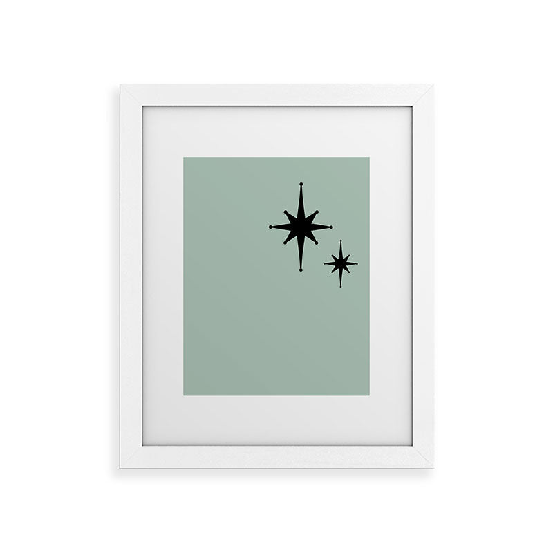 1950s Atomic Age Minimalist Starburst Pair in Black and 50s Celadon Teal Solid Framed Art Print