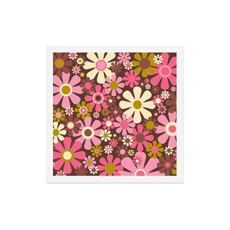60s 70s Retro Floral Garden Cheerful Flower Pattern in Brown Pink Avocado Art Print