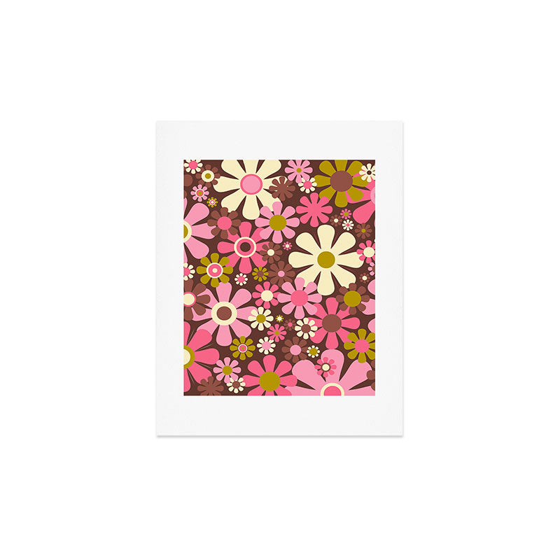 60s 70s Retro Floral Garden Cheerful Flower Pattern in Brown Pink Avocado Art Print
