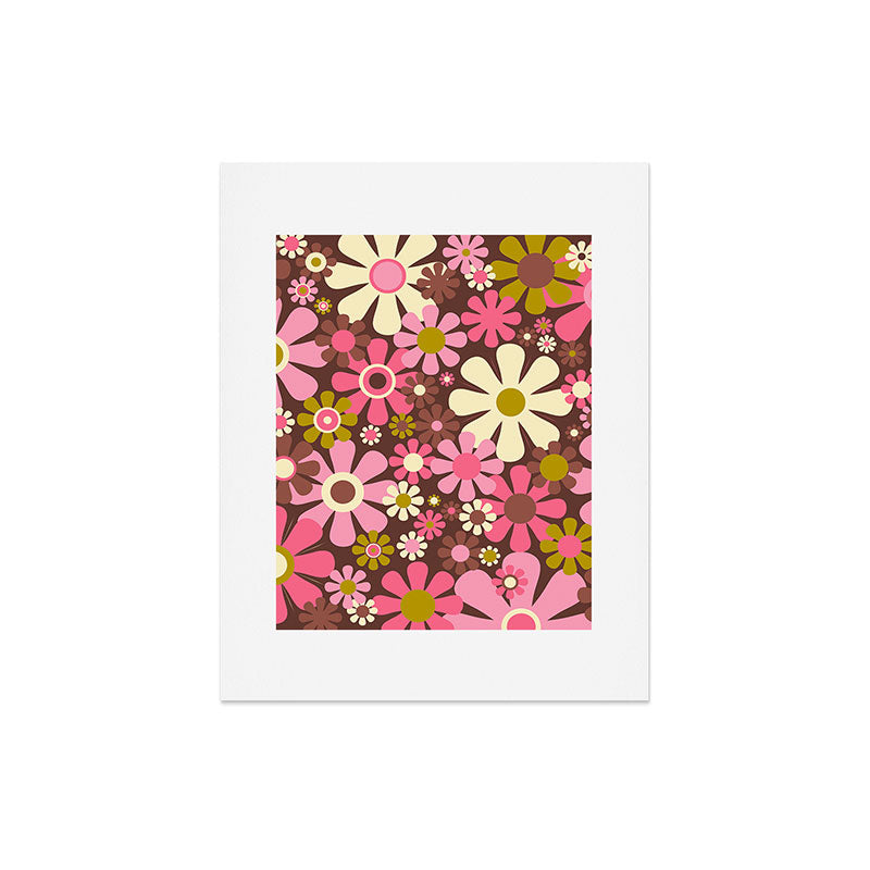 60s 70s Retro Floral Garden Cheerful Flower Pattern in Brown Pink Avocado Art Print