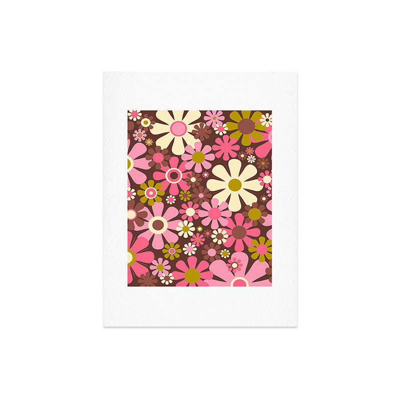 60s 70s Retro Floral Garden Cheerful Flower Pattern in Brown Pink Avocado Art Print
