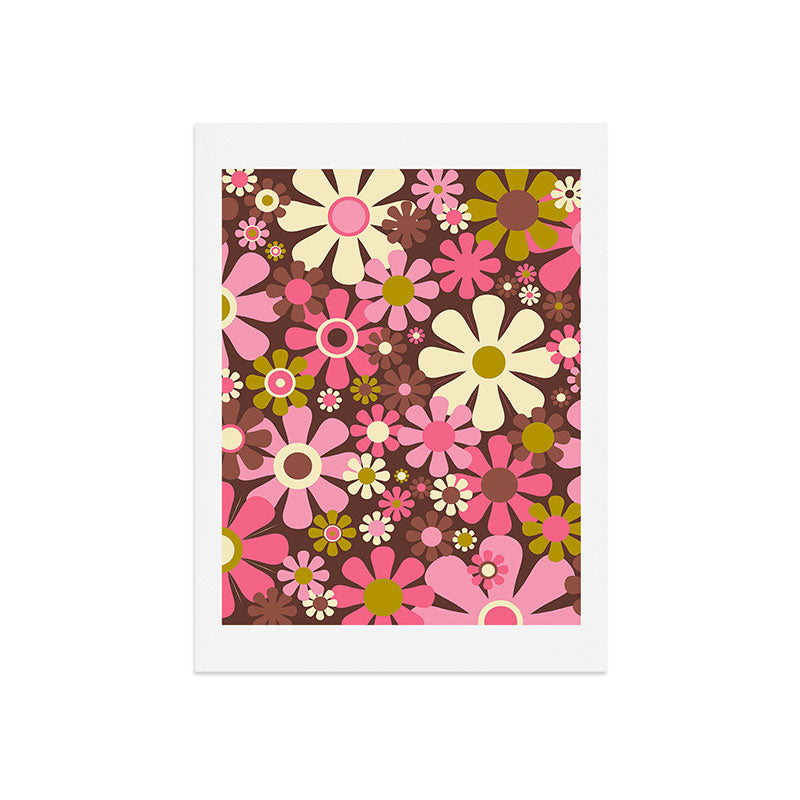 60s 70s Retro Floral Garden Cheerful Flower Pattern in Brown Pink Avocado Art Print