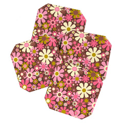 60s 70s Retro Floral Garden Cheerful Flower Pattern in Brown Pink Avocado Coaster